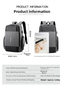 Size specifications of gray nylon business laptop backpack 48x32x15cm with A4 comparison