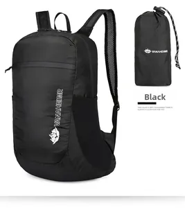 Detail view of black foldable backpack with tear-resistant texture and VANAHEIMR logo