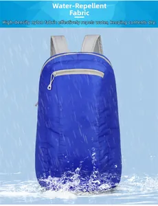 Close-up of waterproof royal blue nylon fabric with water droplets on foldable backpack