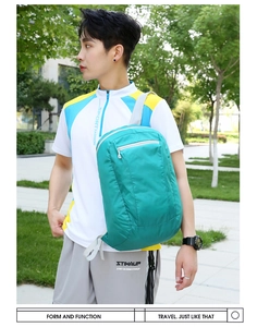 Outdoor model wearing lightweight green foldable backpack for hiking and travel sports