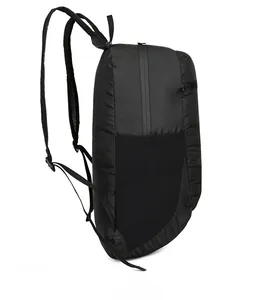 Side view of black ripstop nylon backpack showing mesh pocket and sealed zippers