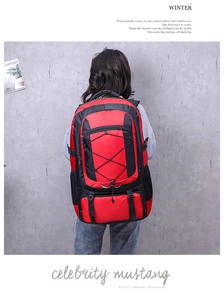 Detail of red and black outdoor hiking backpack with functional elastic bungee cords