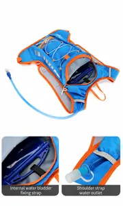 Detail view of 12L cycling backpack showing internal water bladder strap and tube outlet