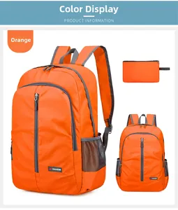 Dettaglio dello zaino pieghevole arancione con tessuto ripstop e tasche laterali a rete
