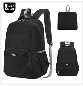 Vues détaillées d'un sac à dos pliable noir avec poches en filet et sangles grises