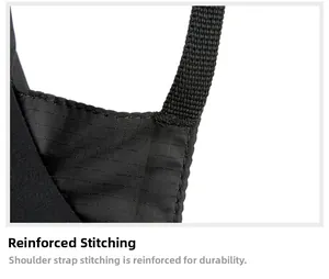 Reinforced bartack stitching on durable black ripstop nylon fabric of a foldable backpack