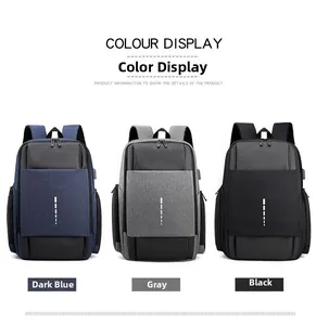Waterproof business backpacks in blue, grey, and black with reflective strips and USB port