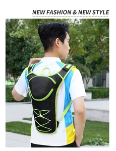 Close-up of lightweight cycling backpack with breathable mesh straps and neon green accents