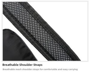 Detail shot of breathable mesh shoulder strap with reinforced stitching on black travel backpack