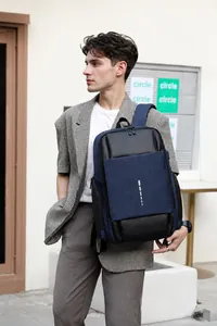 Close-up of waterproof business backpack with USB port and sleek reflective safety strip