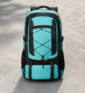 Close-up of green hiking backpack with bungee cord system and mesh side pockets