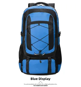 Front detail of outdoor hiking backpack in blue and black with multiple zipper compartments