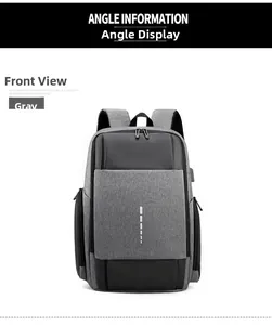 Front view of grey business laptop backpack with USB port and reflective strip detail