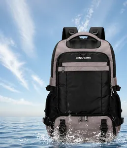Close-up of high-density waterproof Oxford fabric on a grey insulated cooler backpack