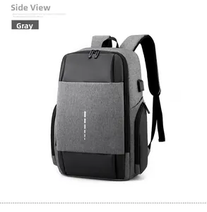 Business laptop backpack in grey fabric with USB charging port and black leather detail