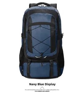 Front view of navy blue outdoor hiking backpack with waterproof nylon and elastic cords