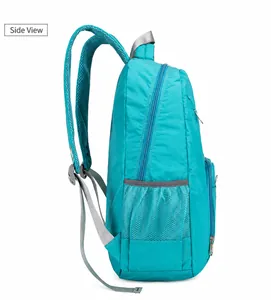 Detail of cyan backpack featuring breathable mesh straps and side water bottle pocket