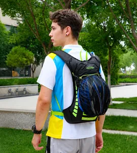 Outdoor sports backpack with elastic mesh net holding a blue cycling helmet on the back