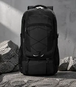 Close-up of waterproof tactical backpack with elastic bungee cords and zip pockets