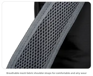 Detail of the breathable grey honeycomb mesh fabric on the black padded shoulder straps