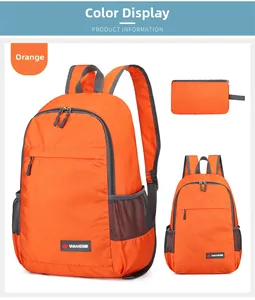 Detail view of foldable orange outdoor backpack with ripstop nylon and side mesh pockets