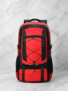 Front detail of waterproof hiking backpack with bungee cords and red-black paneling