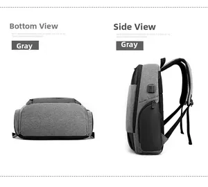 Detail view of the gray backpack showing USB port and breathable honeycomb straps