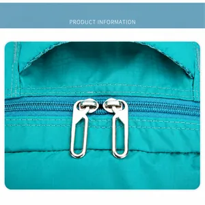Close-up of blue ripstop fabric and dual metal zippers on a versatile casual backpack
