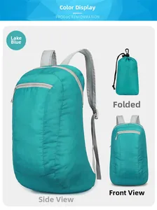 Lake blue foldable ultra-light outdoor backpack showing storage and compact size