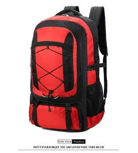 Side view of red and black waterproof hiking backpack with multiple zipper pockets