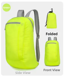 Detailed views of a foldable lime green outdoor backpack showing front and side profile