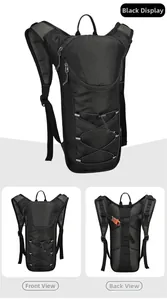 Macro detail of black hydration backpack featuring breathable mesh and reflective strips