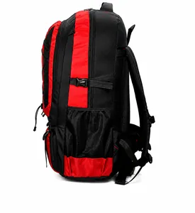 Side view of waterproof outdoor backpack in red and black with multi-layer zippers