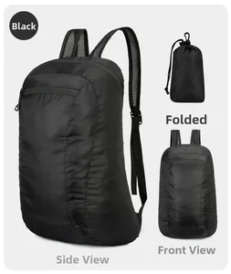 Foldable lightweight black outdoor backpack showing both folded and expanded states