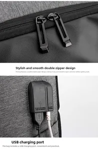 Detail of laptop backpack showing smooth metal double zippers and external USB charging port