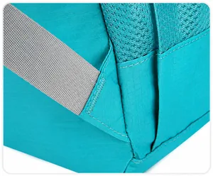 Detailed macro view of reinforced bartack stitching on a turquoise nylon backpack strap