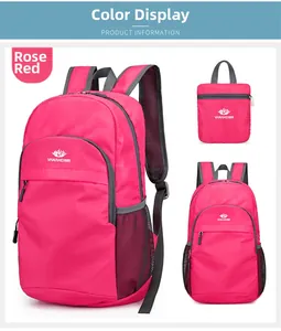 Detail of rose red foldable backpack showing side view and compact folded state
