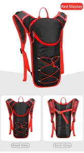Detailed views of red cycling hydration pack with breathable mesh and reflective bungee cord
