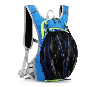 Blue waterproof cycling backpack with helmet mesh holder for outdoor sports and running