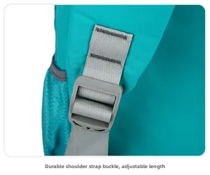 Détail de la bandoulière grise réglable avec boucle robuste sur le sac à dos turquoise