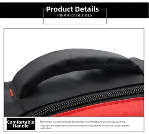Detail of ergonomic padded backpack handle with breathable mesh and red stitching accents