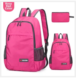Detailed views of the magenta foldable backpack featuring grid texture and mesh side pockets