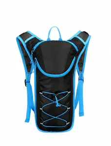 Front view of black cycling hydration pack with breathable blue mesh straps and elastic cords