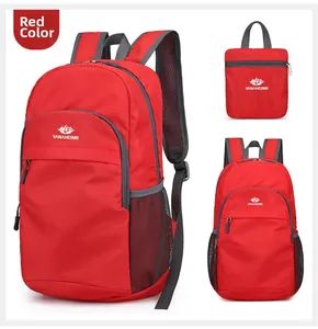Three-way view of red foldable travel backpack showing front, back and compact folded state