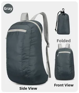 Three-way view of gray foldable nylon backpack showing front, side, and compact stored state