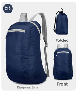 Detail view of foldable dark blue nylon backpack showing honeycomb texture and compact pouch