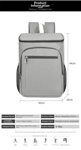 Detailed size chart of the grey leakproof insulated backpack with dimensions and water resistance