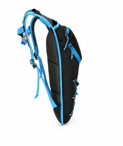 Side view of blue outdoor cycling backpack with breathable mesh padding and elastic cords