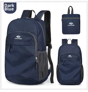 Foldable dark blue backpack with durable nylon fabric and front zipper pocket