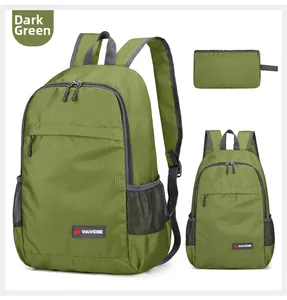 Detail view of foldable dark green outdoor backpack showing expanded and compact storage forms